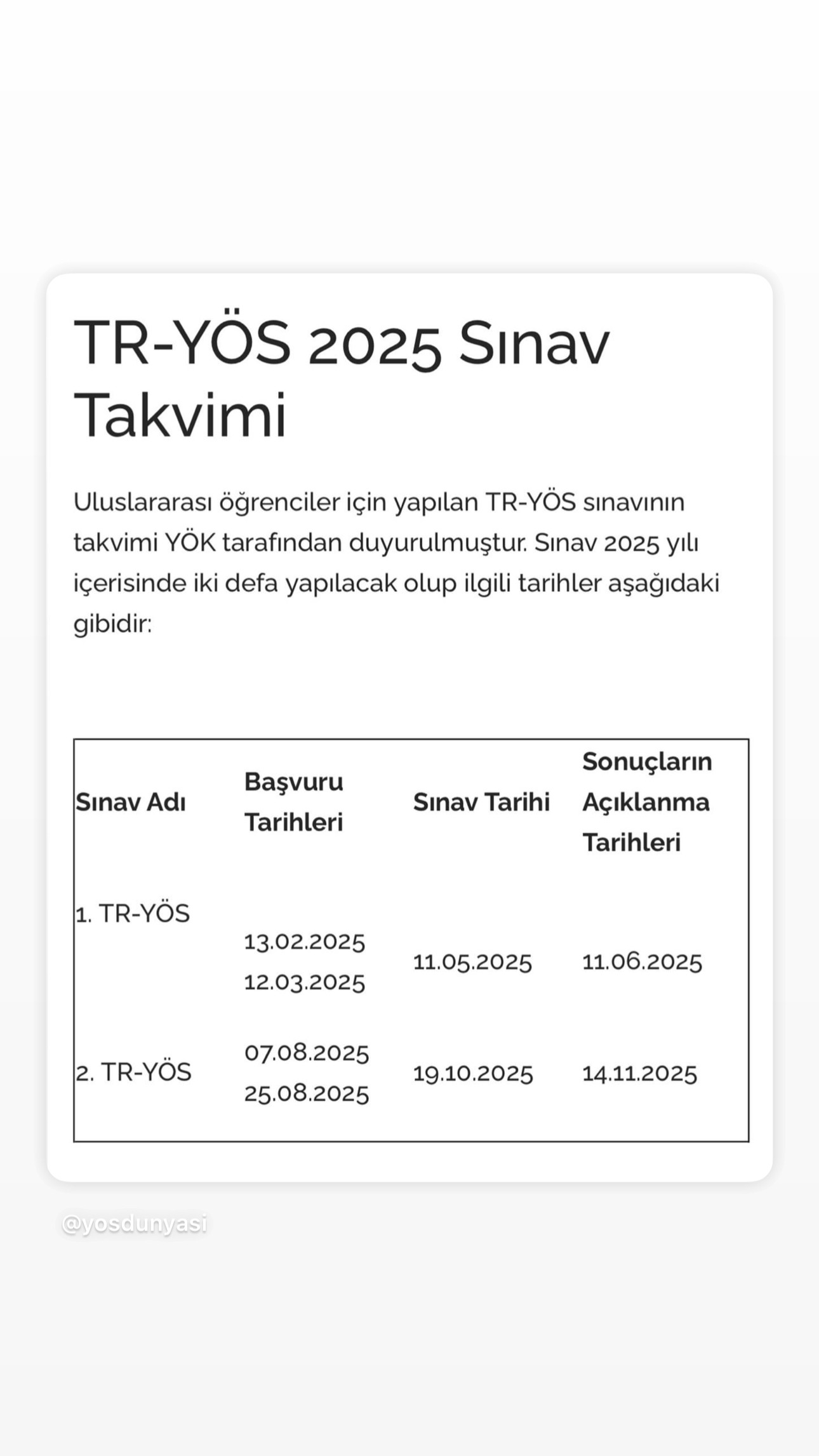 Haber maddesi TR YÖS 2025 SINAV TAKVİMİiçin resim